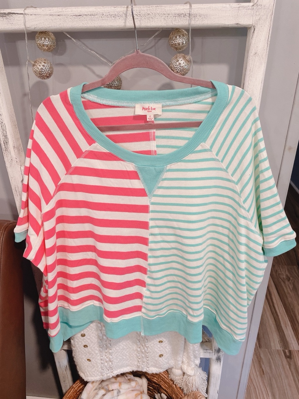Peach Love Oversized Contrast Striped T Shirt Size Large